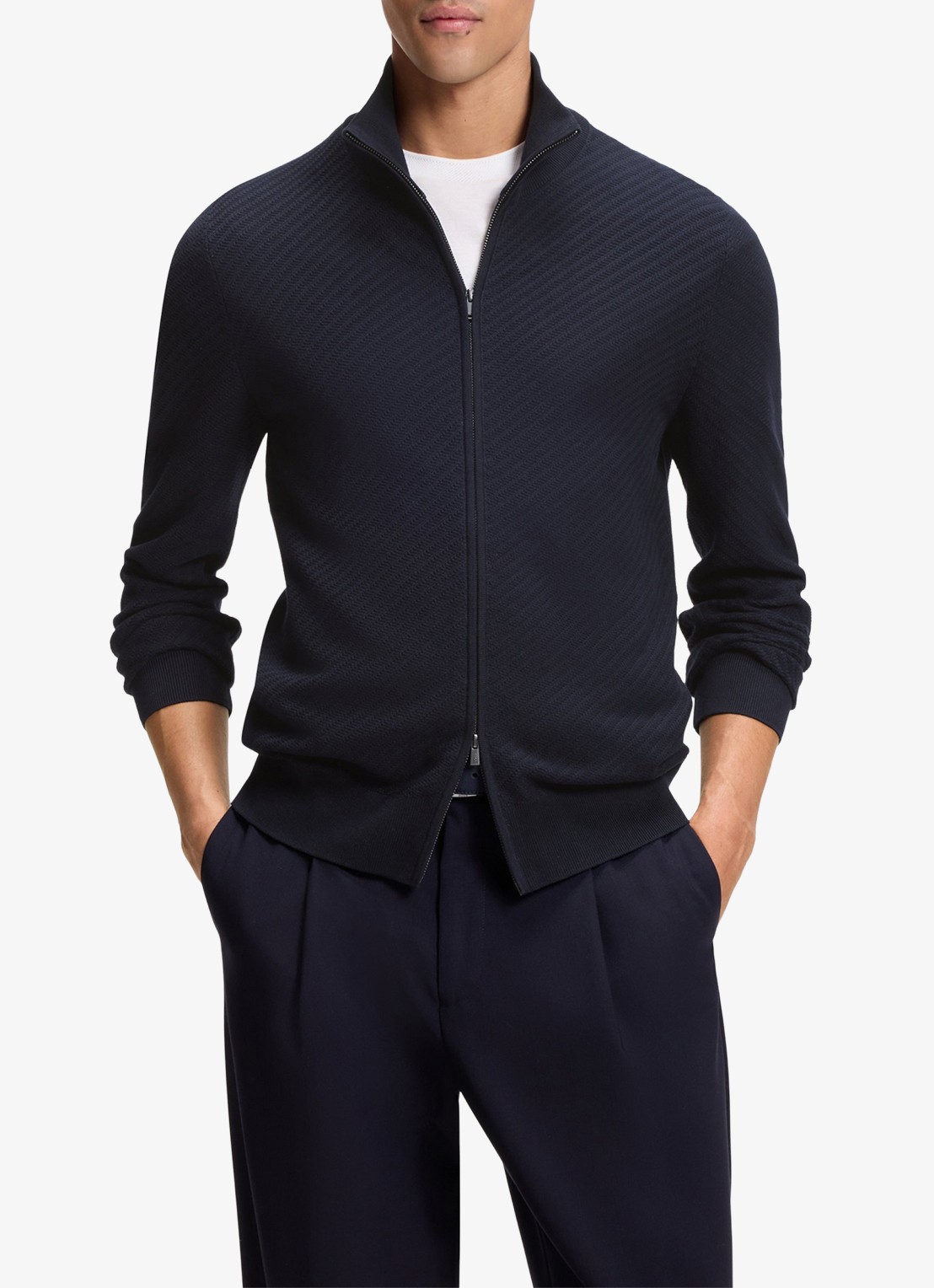 BOSS Fijngebreid vest met structuur - detail donkerblauw