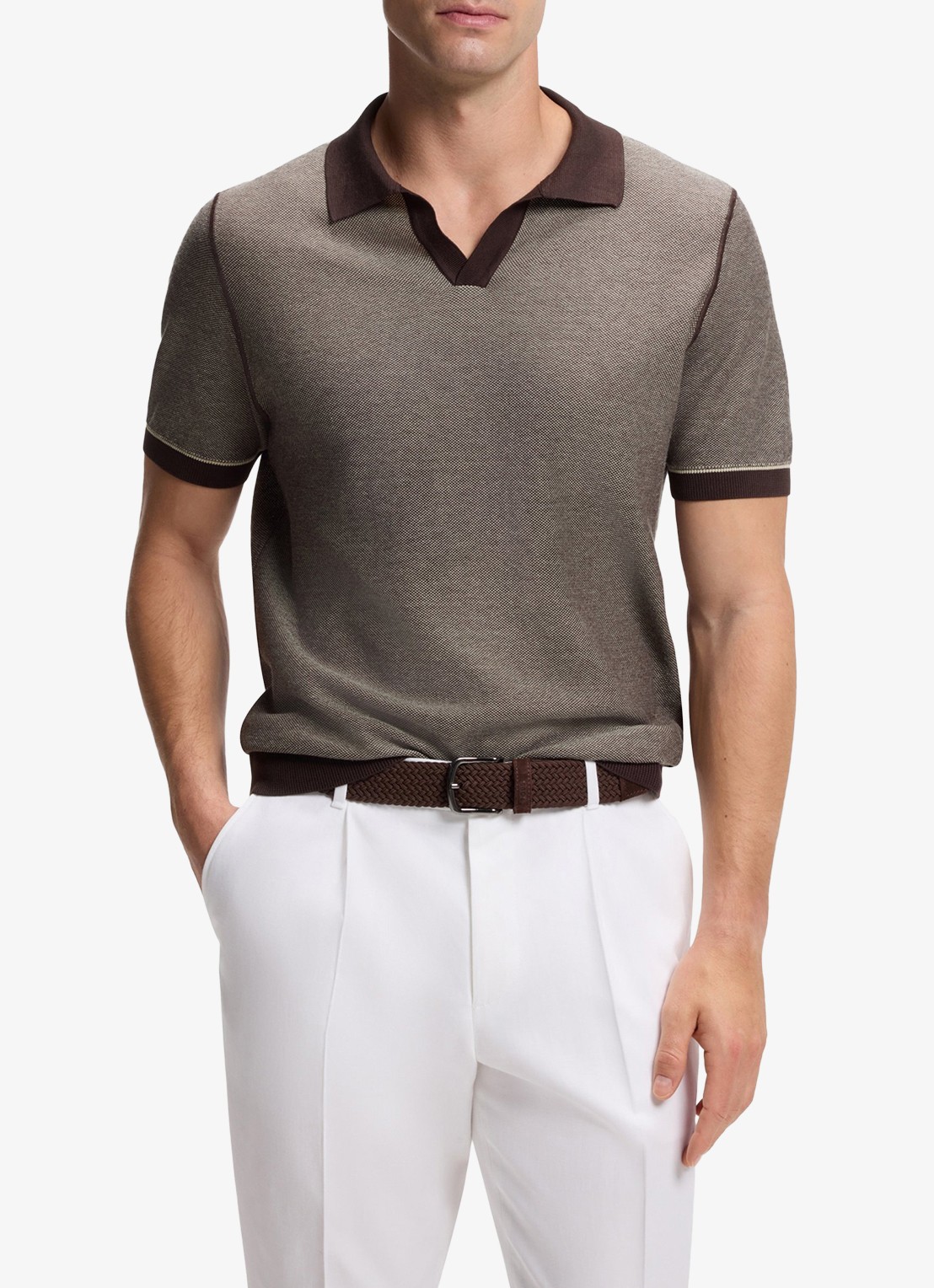 BOSS Fijngebreide polo met polokraag - detail 4 dark brown-207 / bruin