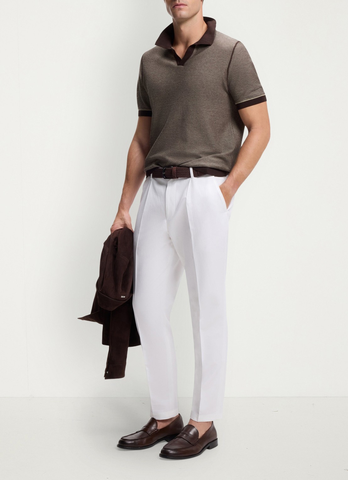 BOSS Fijngebreide polo met polokraag - voorkant 3 dark brown-207 / bruin
