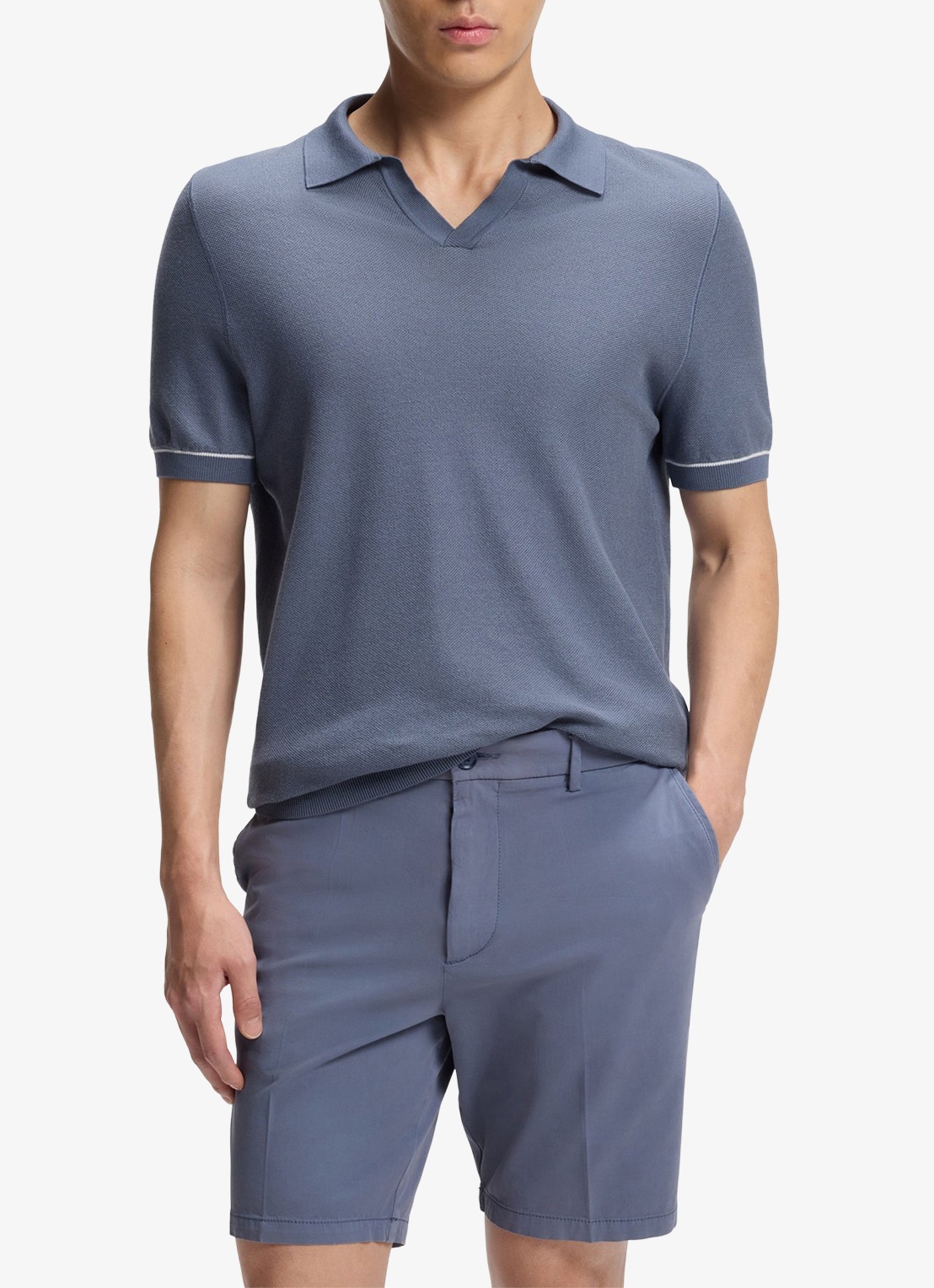 BOSS Fijngebreide polo met polokraag - detail 3 open blue-466 / blauw