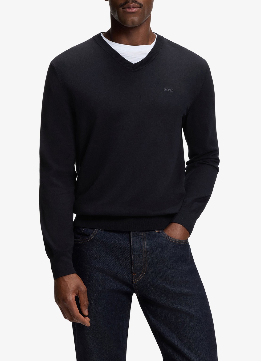BOSS Fijngebreide pullover met logo - detail 4 dark blue-404 / blauw