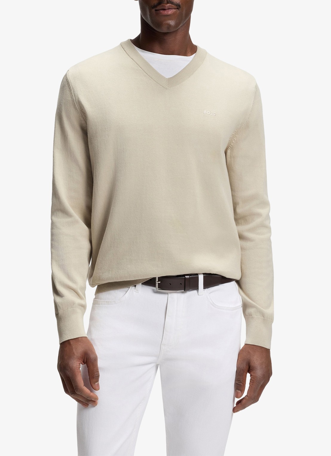 BOSS Fijngebreide pullover met logo - detail 3 beige