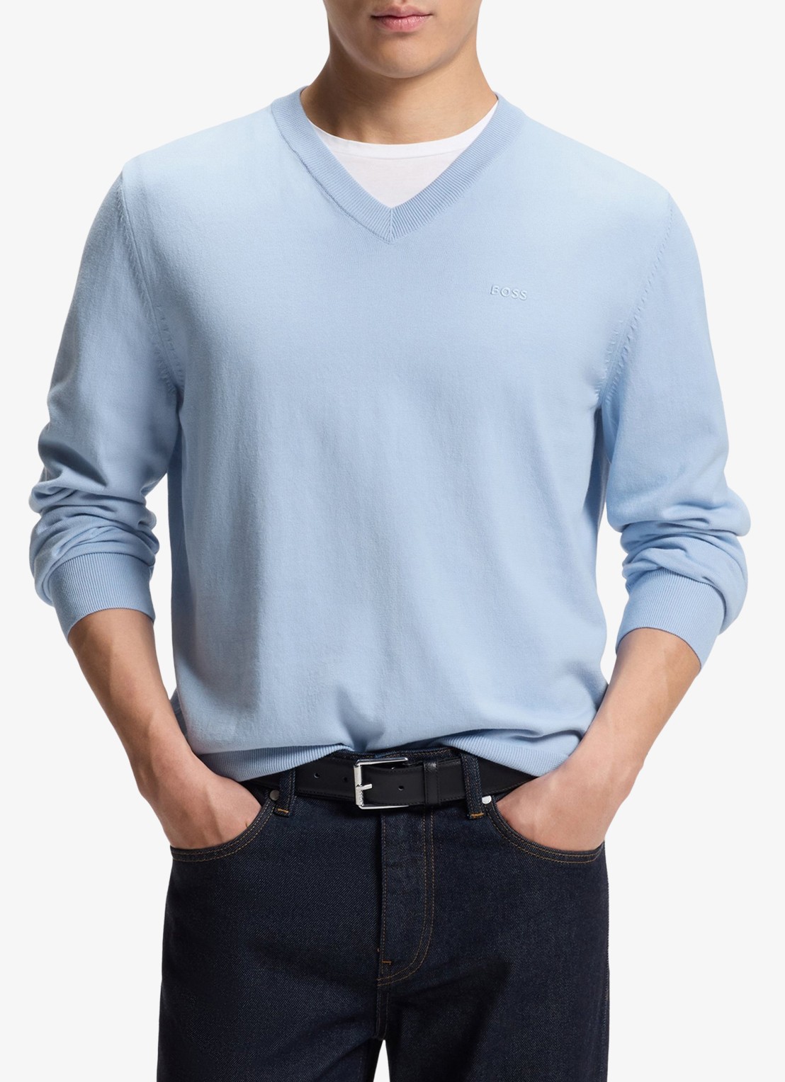 BOSS Fijngebreide pullover met logo - detail 2 lichtblauw