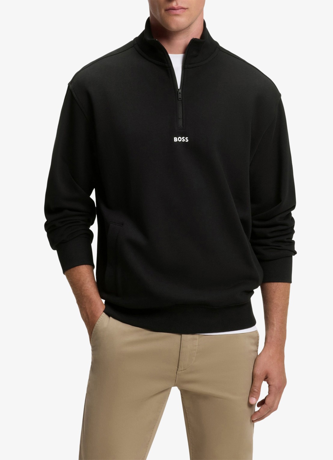 BOSS Fijngebreide sweater met halve rits - detail zwart