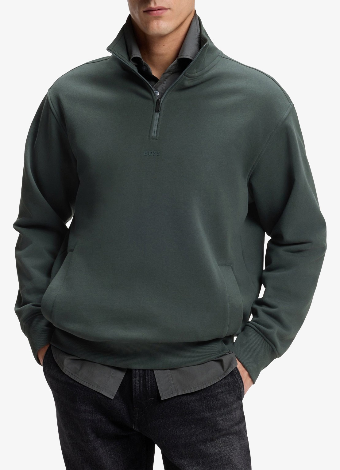 BOSS Fijngebreide sweater met halve rits - detail groen