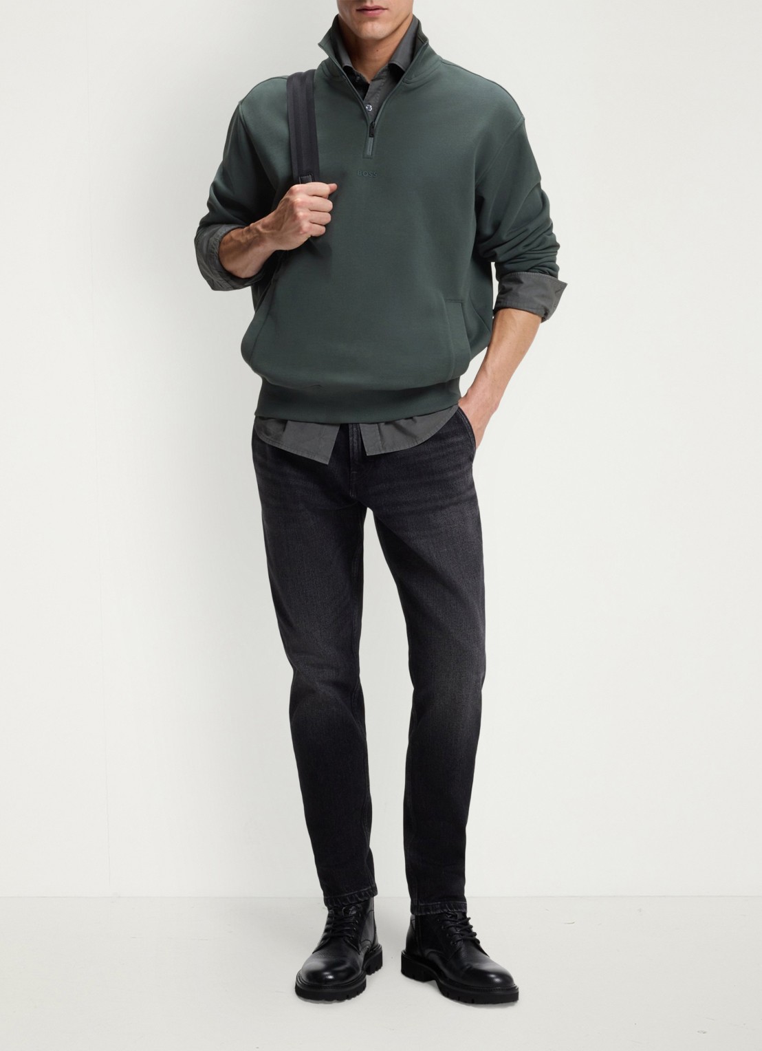 BOSS Fijngebreide sweater met halve rits - voorkant 5 groen