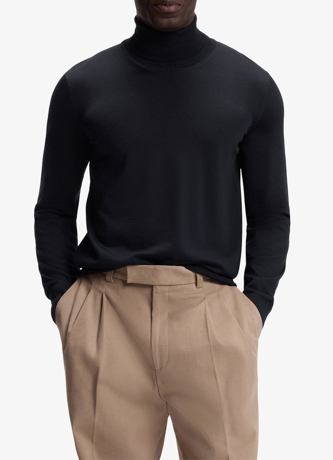 BOSS Fijngebreide trui met col - detail donkerblauw