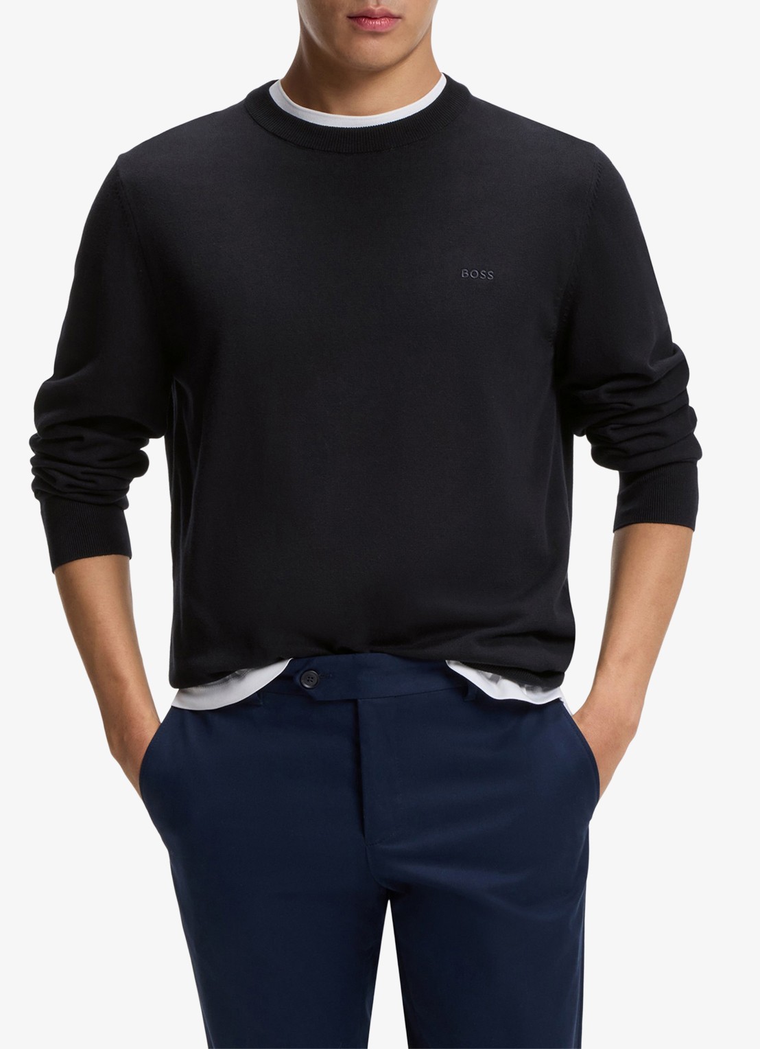 BOSS Fijngebreide trui met logo - detail dark blue-404 / blauw