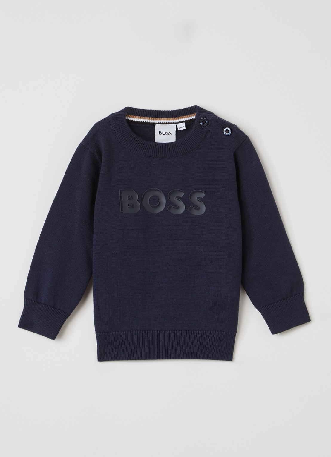 BOSS Fijngebreide trui met logoprint - voorkant 2 donkerblauw