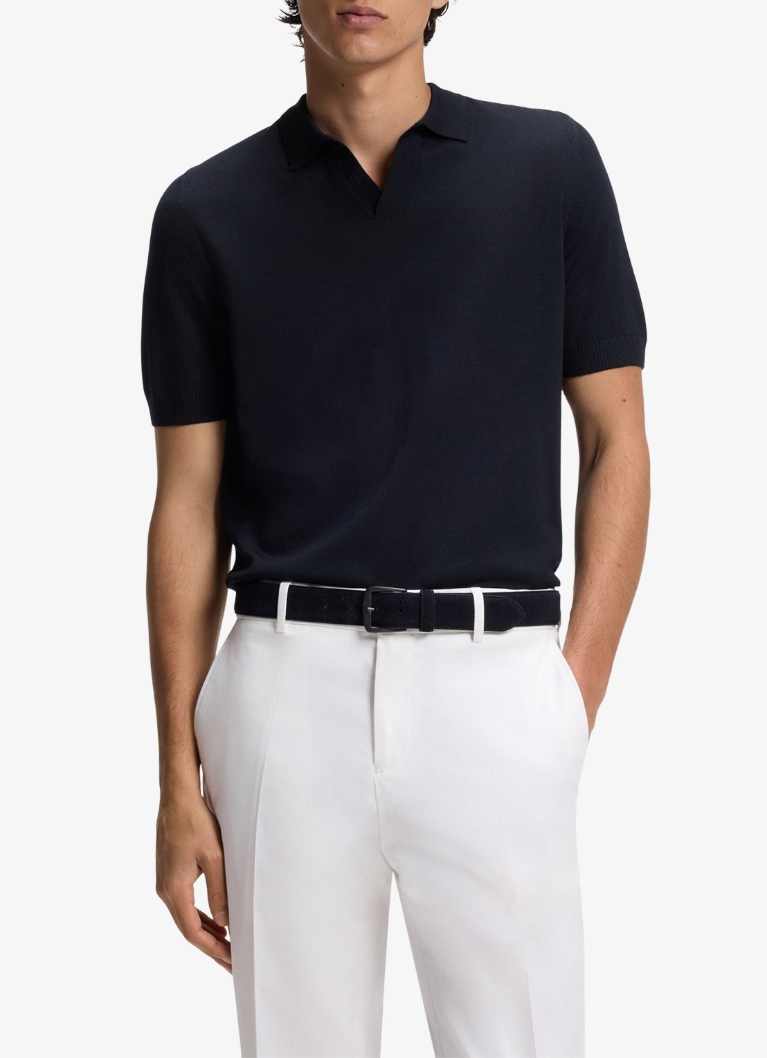 BOSS Fijngebreide trui met polokraag - detail donkerblauw