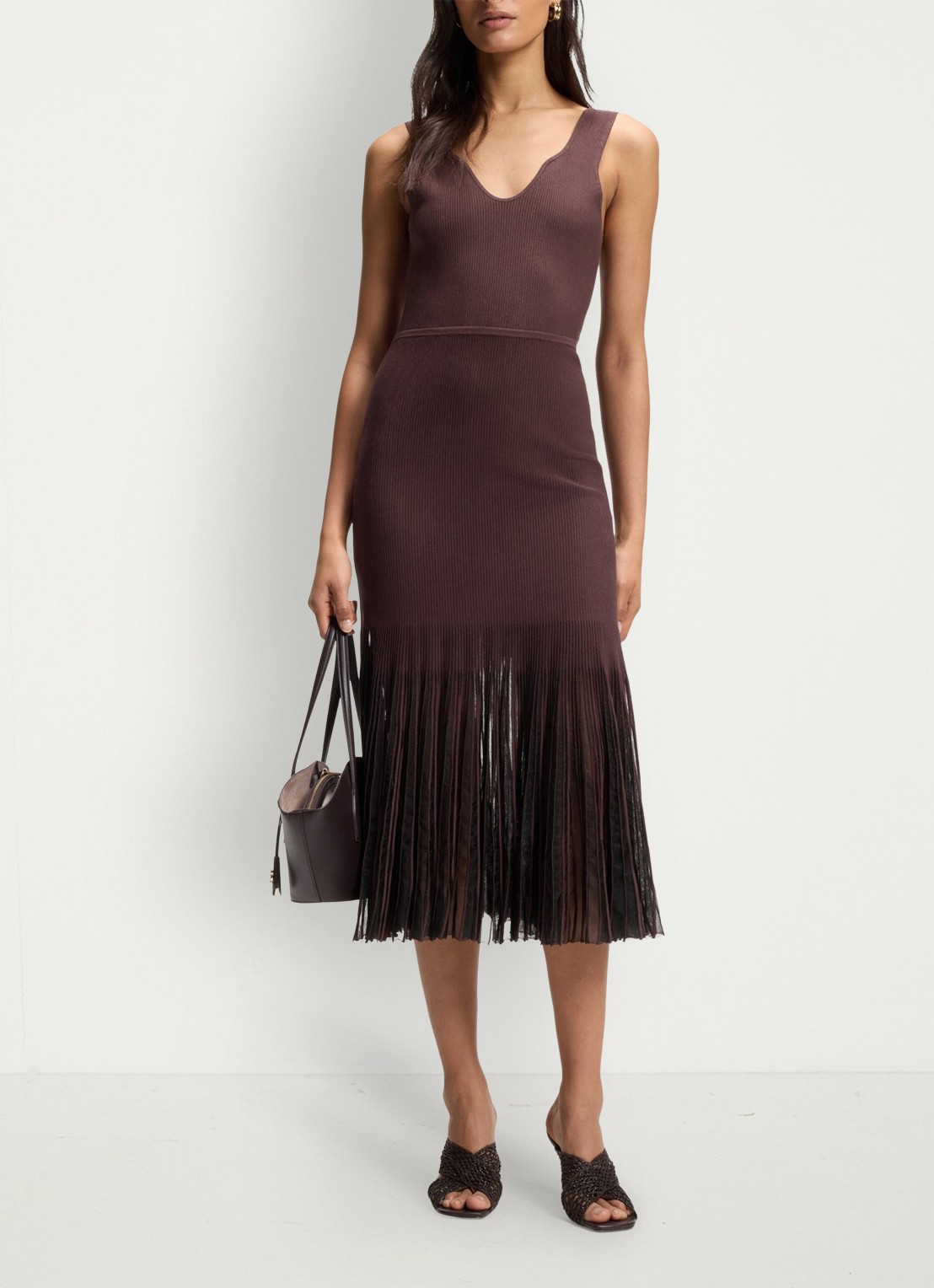 BOSS Floe midi jurk met franjes - voorkant 2 dark brown-206 / bruin