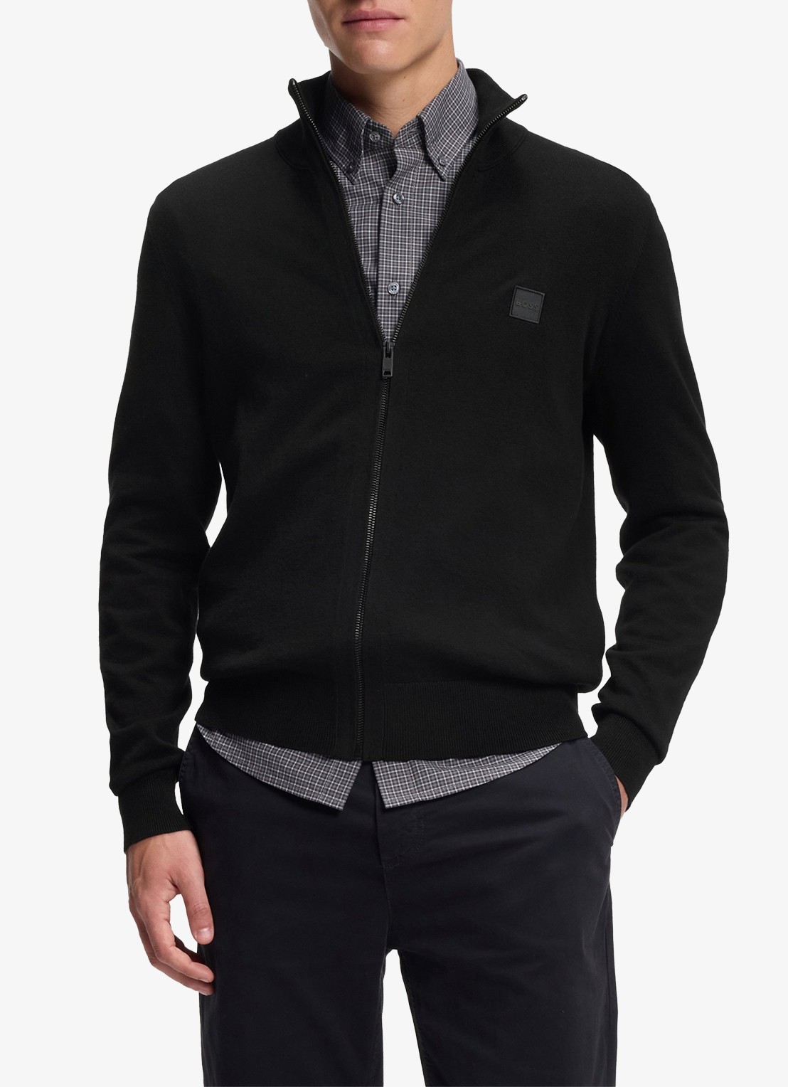BOSS Gebreid jack van katoen en kasjmier met logopatch - detail 3 zwart