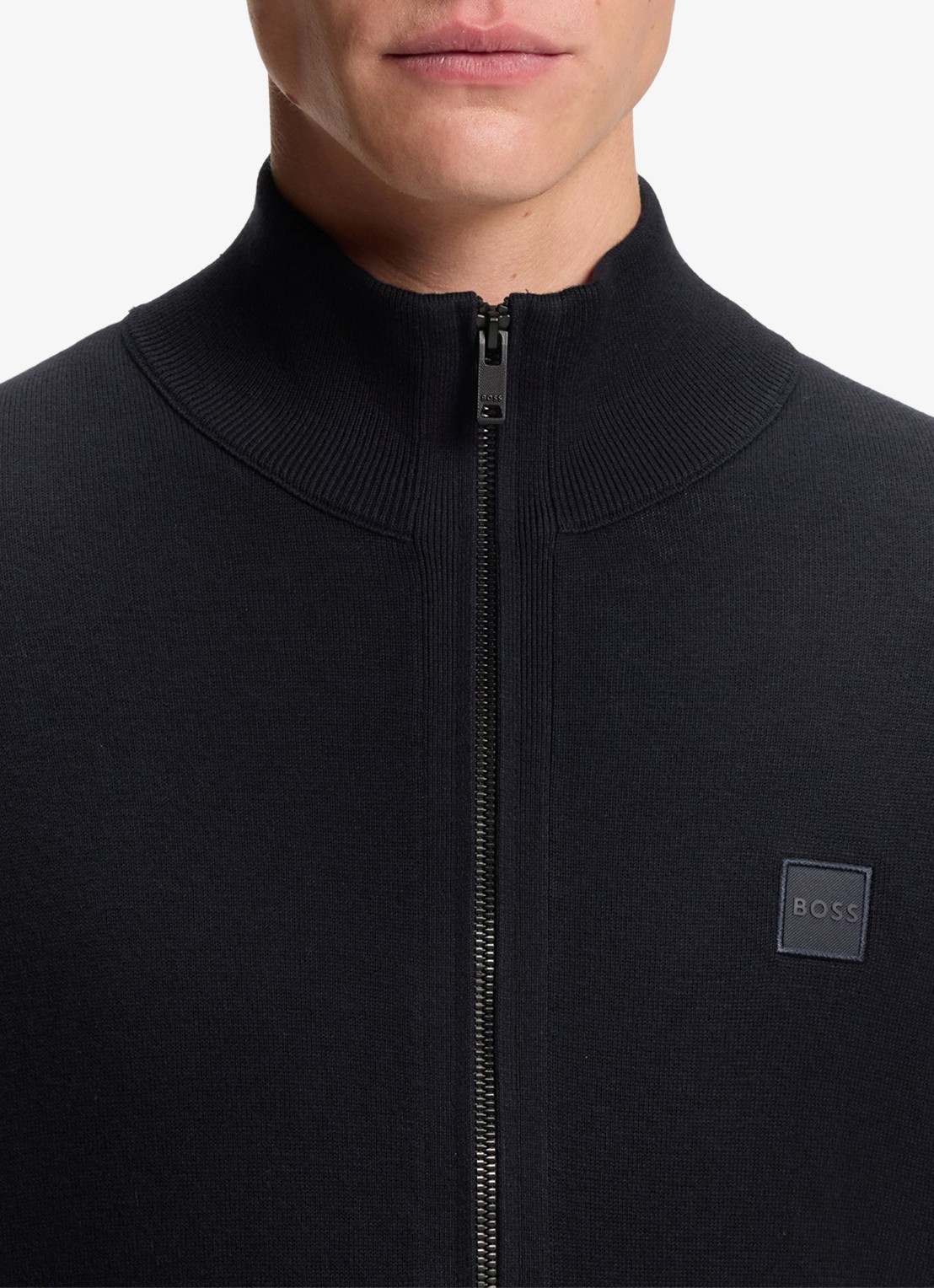 BOSS Gebreid jack van katoen en kasjmier met logopatch - detail 5 donkerblauw