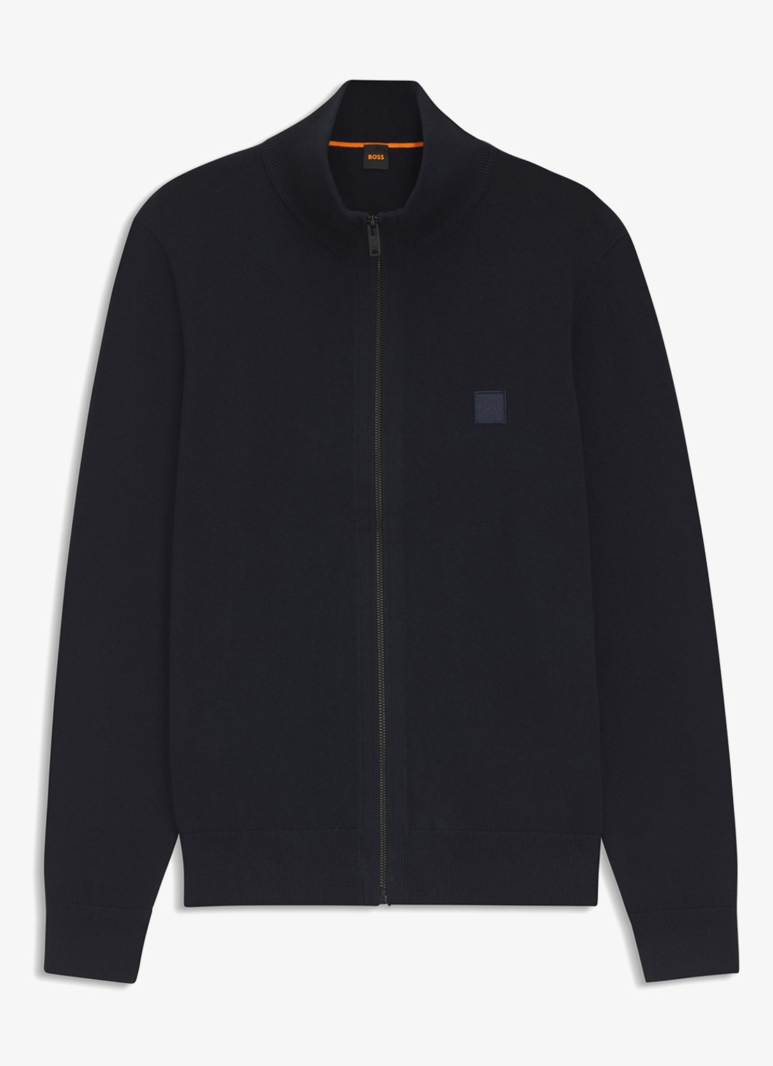 BOSS Gebreid jack van katoen en kasjmier met logopatch - voorkant donkerblauw