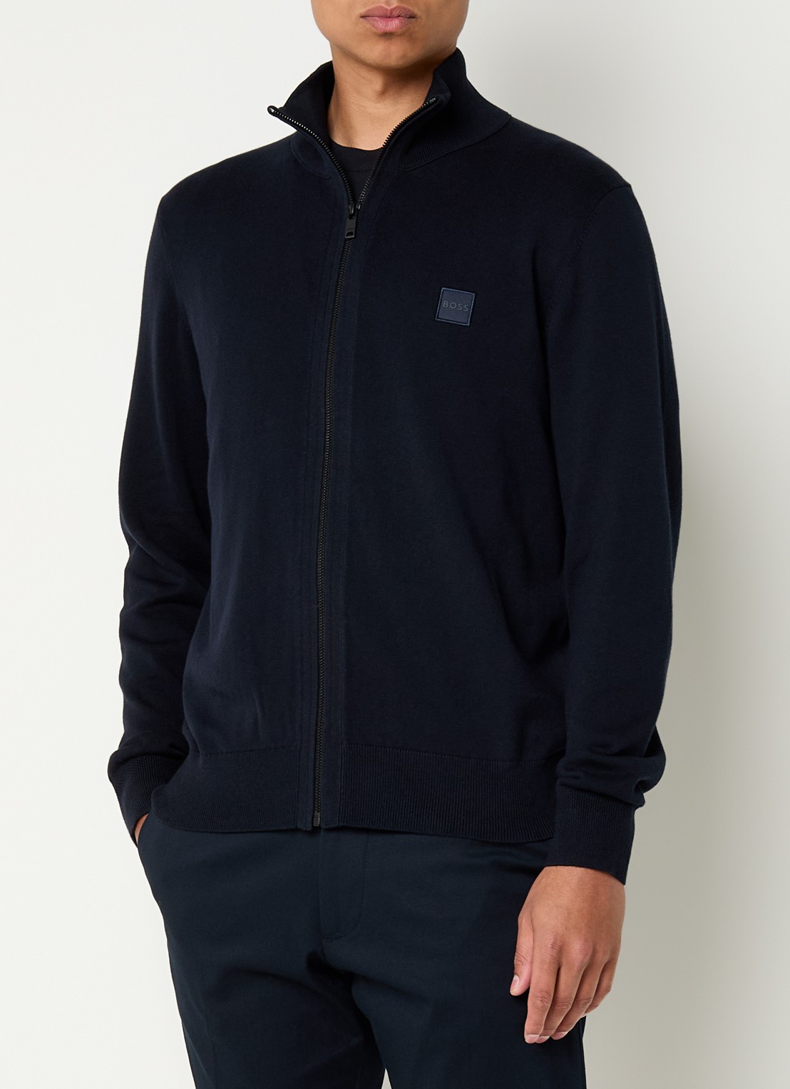 BOSS Gebreid jack van katoen en kasjmier met logopatch - detail 7 donkerblauw