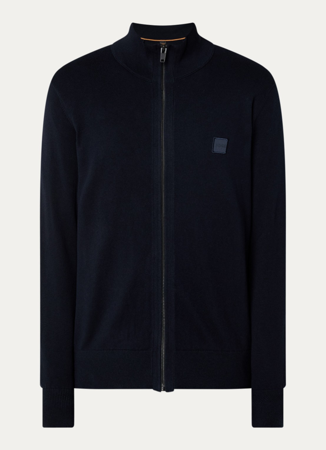 BOSS Gebreid jack van katoen en kasjmier met logopatch - voorkant 3 donkerblauw