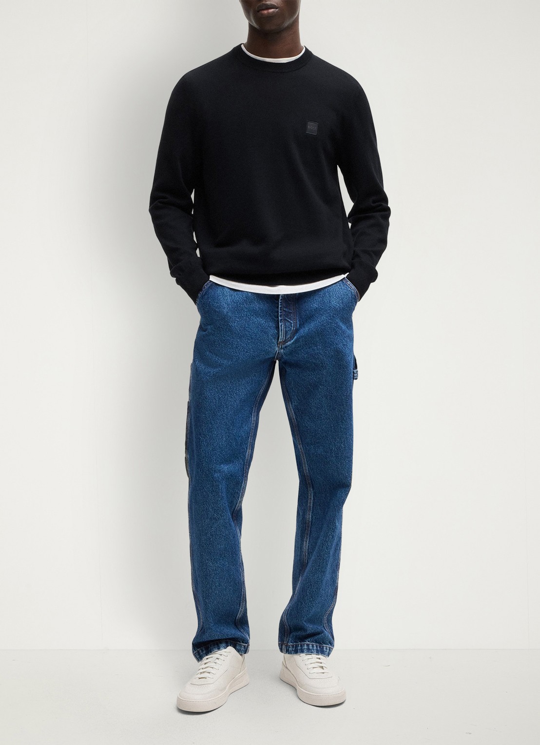 BOSS Gebreide trui van katoen en kasjmier met logolabel - voorkant 3 dark blue-404 / blauw