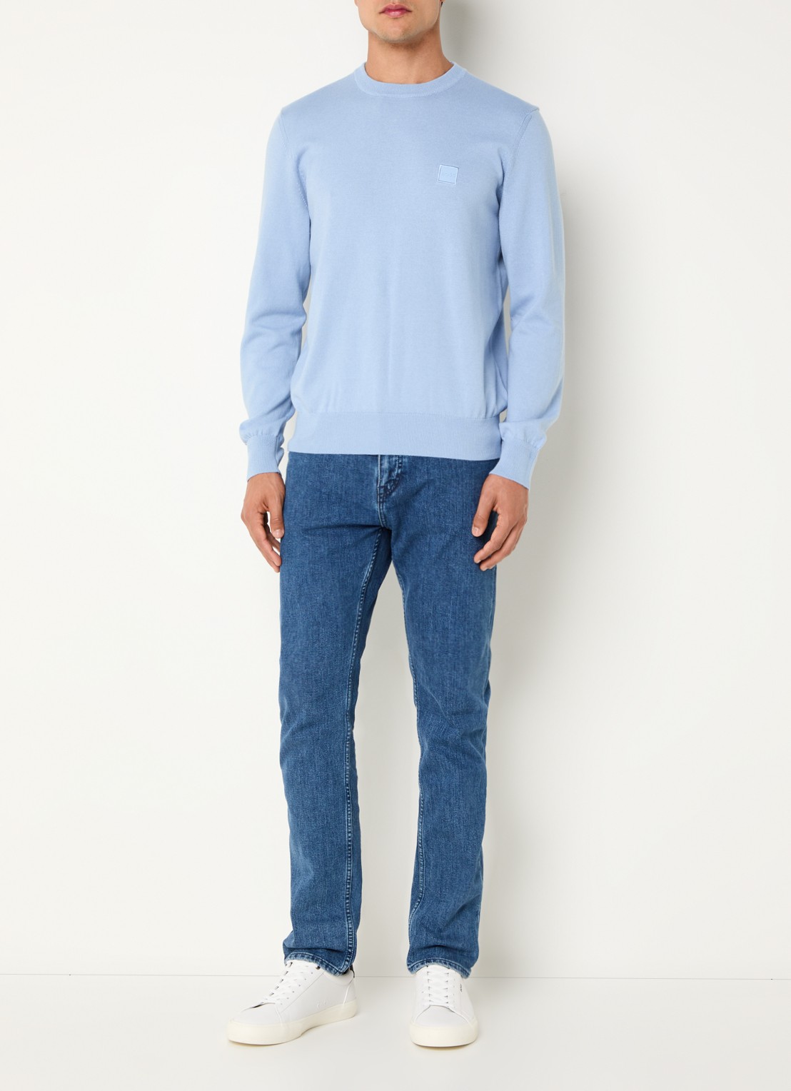 BOSS Gebreide trui van katoen en kasjmier met logolabel - voorkant 2 open blue-470 / blauw