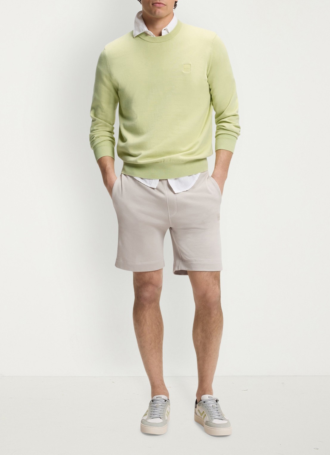 BOSS Gebreide trui van katoen en kasjmier met logolabel - voorkant 3 medium beige-267 / lichtgroen