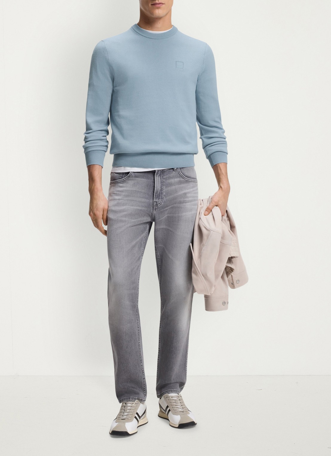 BOSS Gebreide trui van katoen en kasjmier met logolabel - voorkant 2 light/pastel blue-458 / lichtblauw