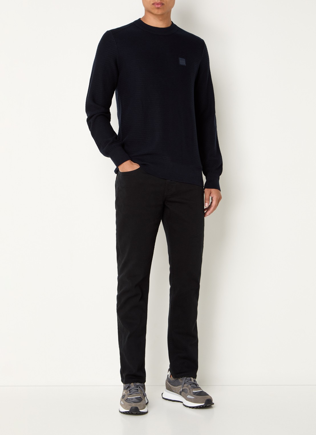 BOSS Gestructureerde met logopatch van katoen en kasjmier - voorkant 3 dark blue-404 / blauw