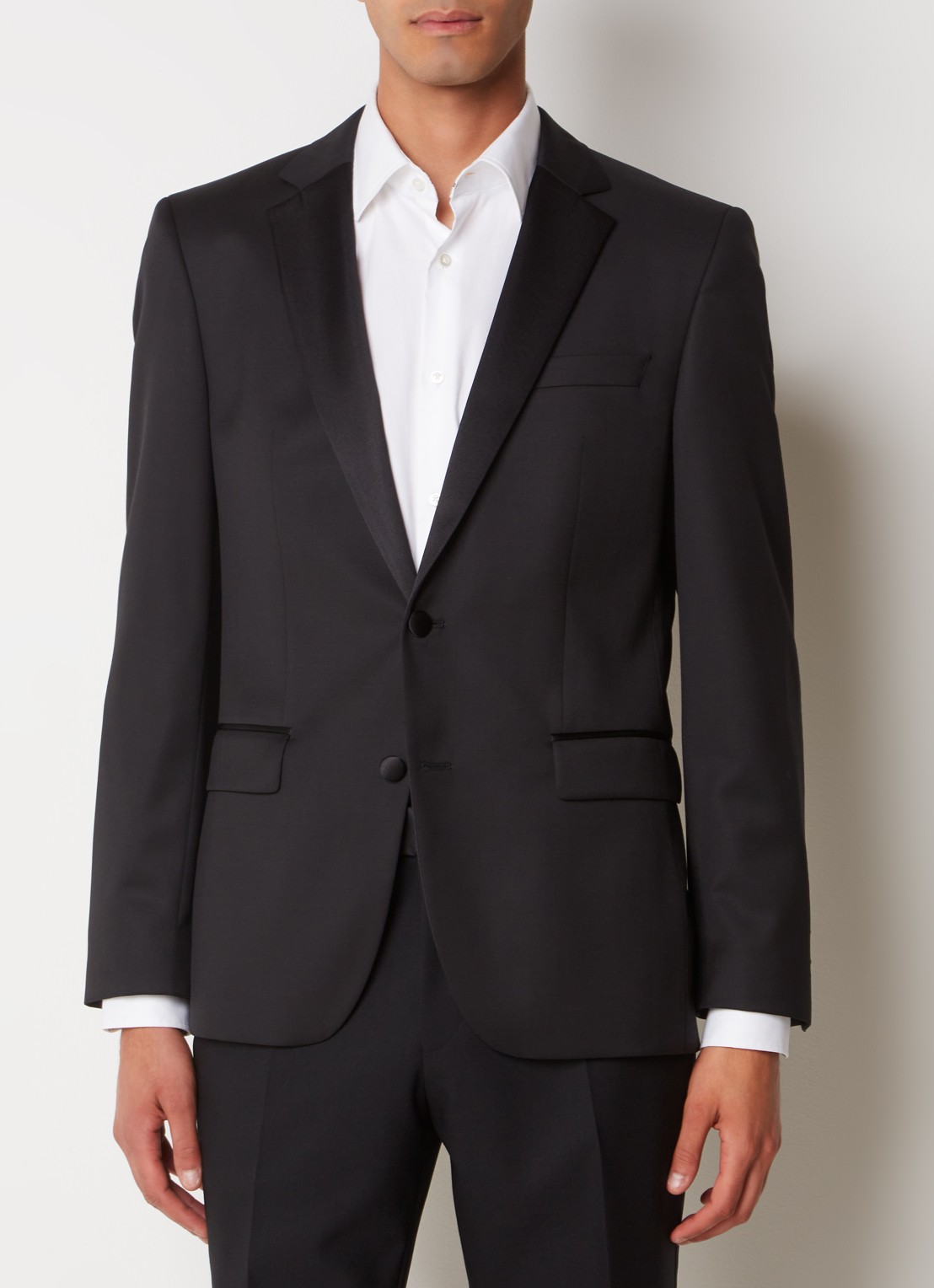 BOSS H-Huge-Tux slim fit colbert van wol met details van satijn - detail 4 zwart