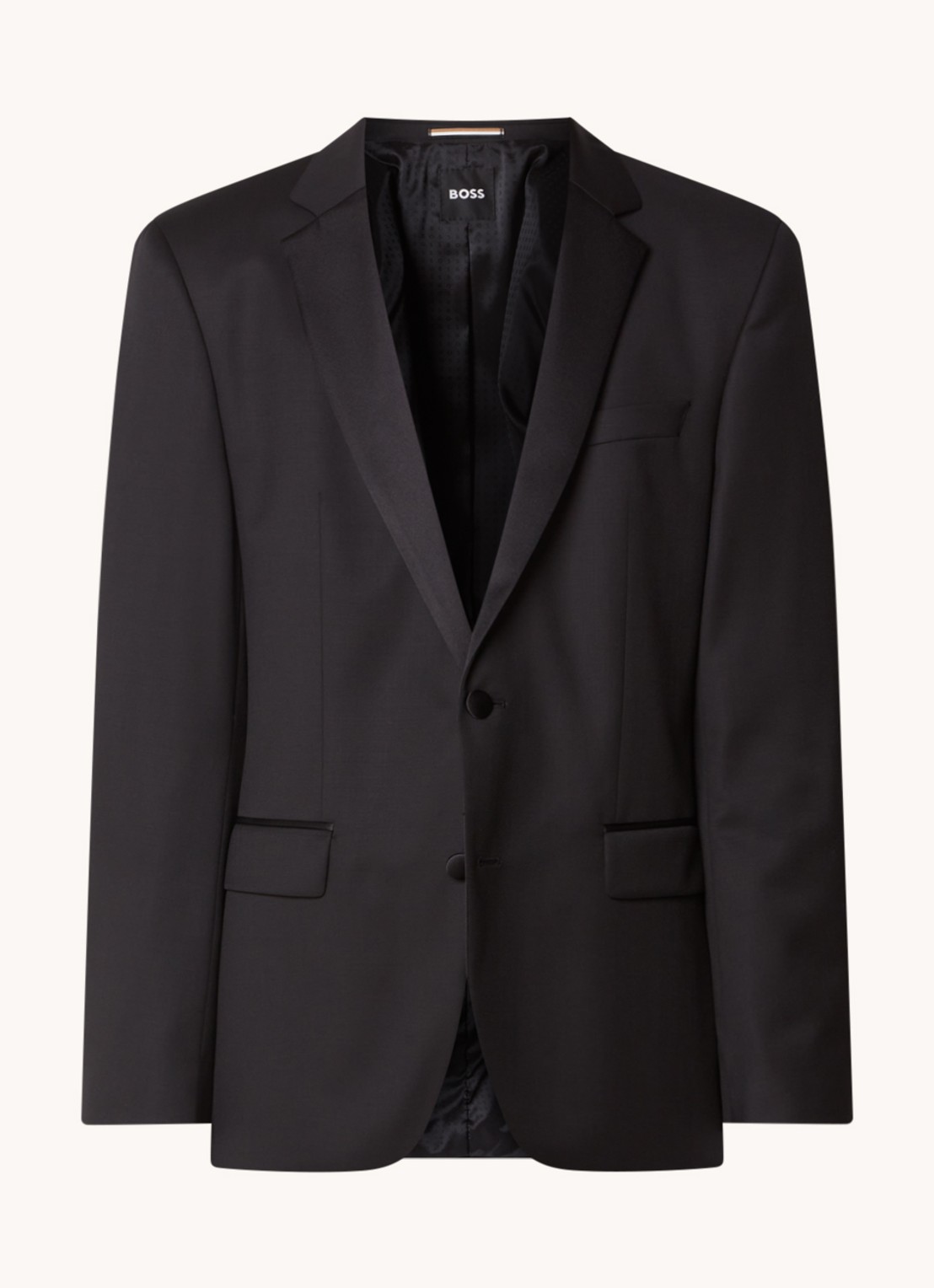 BOSS H-Huge-Tux slim fit colbert van wol met details van satijn - voorkant 2 zwart