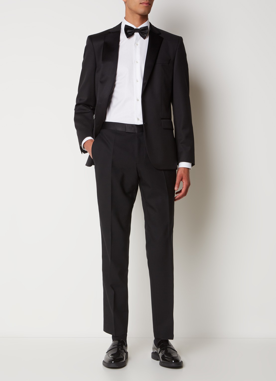 BOSS H-Huge-Tux slim fit colbert van wol met details van satijn - voorkant 3 zwart