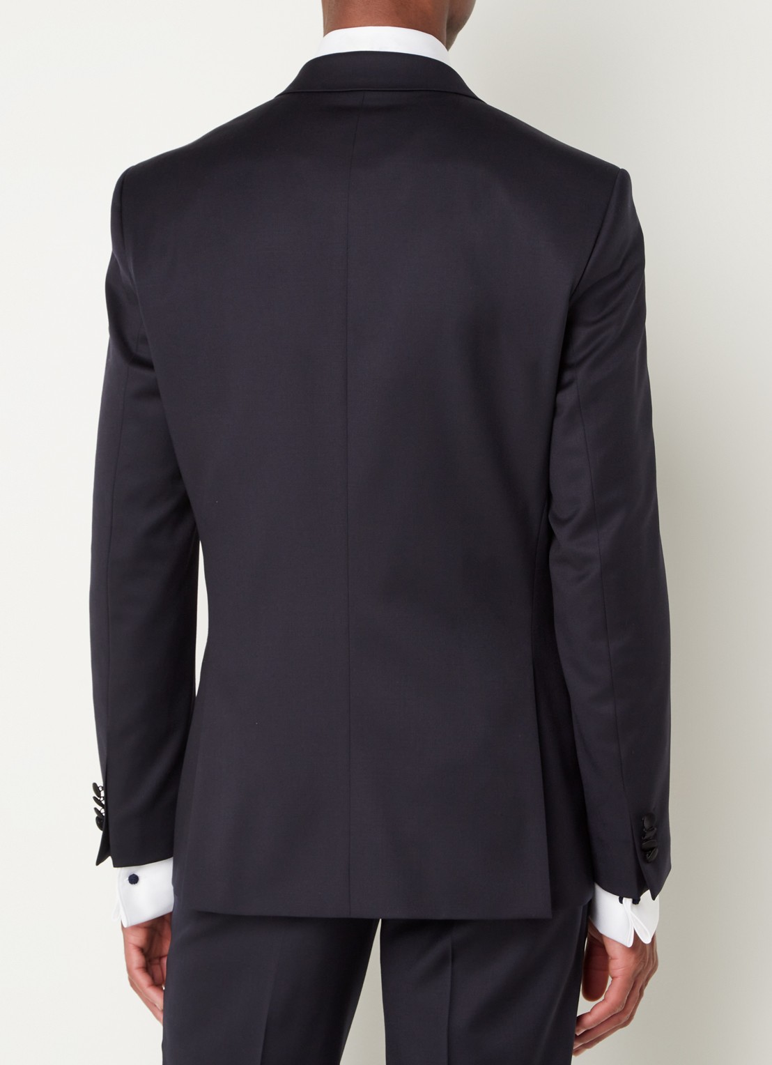 BOSS H-Huge-Tux slim fit colbert van wol met details van satijn - achterkant donkerblauw