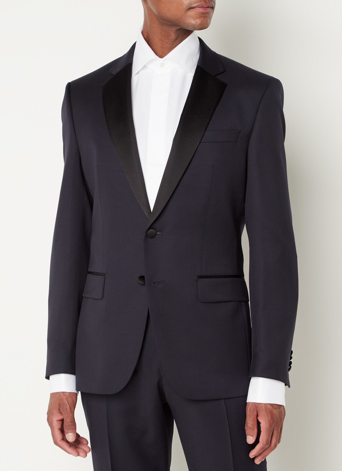 BOSS H-Huge-Tux slim fit colbert van wol met details van satijn - detail 2 donkerblauw