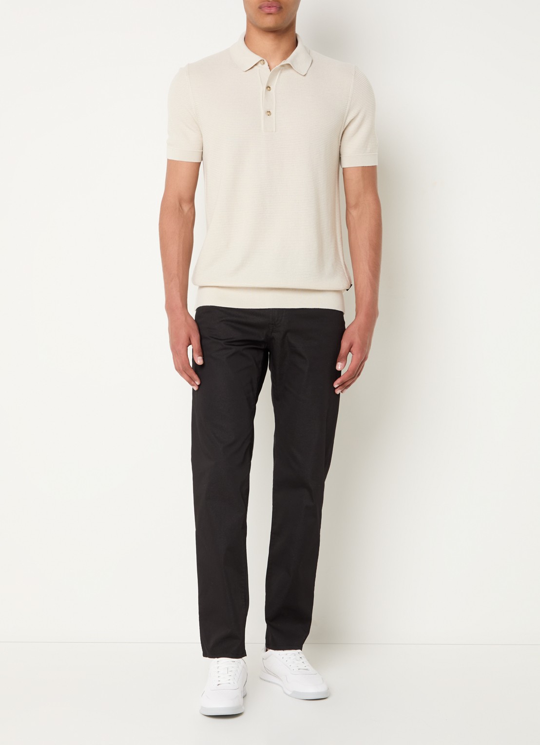 BOSS H-Iannotti grofgebreide regular fit polo  - voorkant 3 gebroken wit