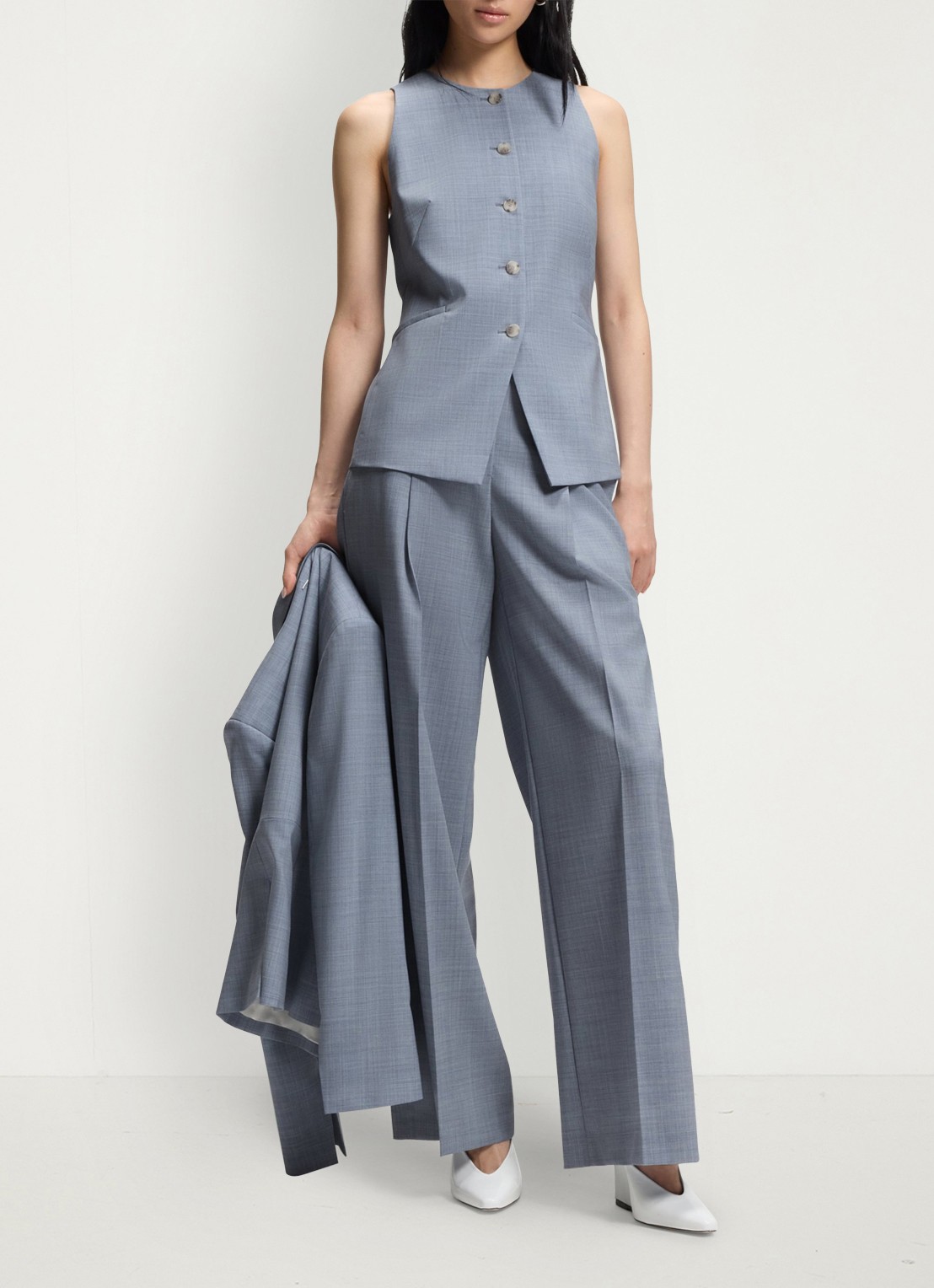 BOSS High waist loose fit pantalon van wol - voorkant 6 blauw