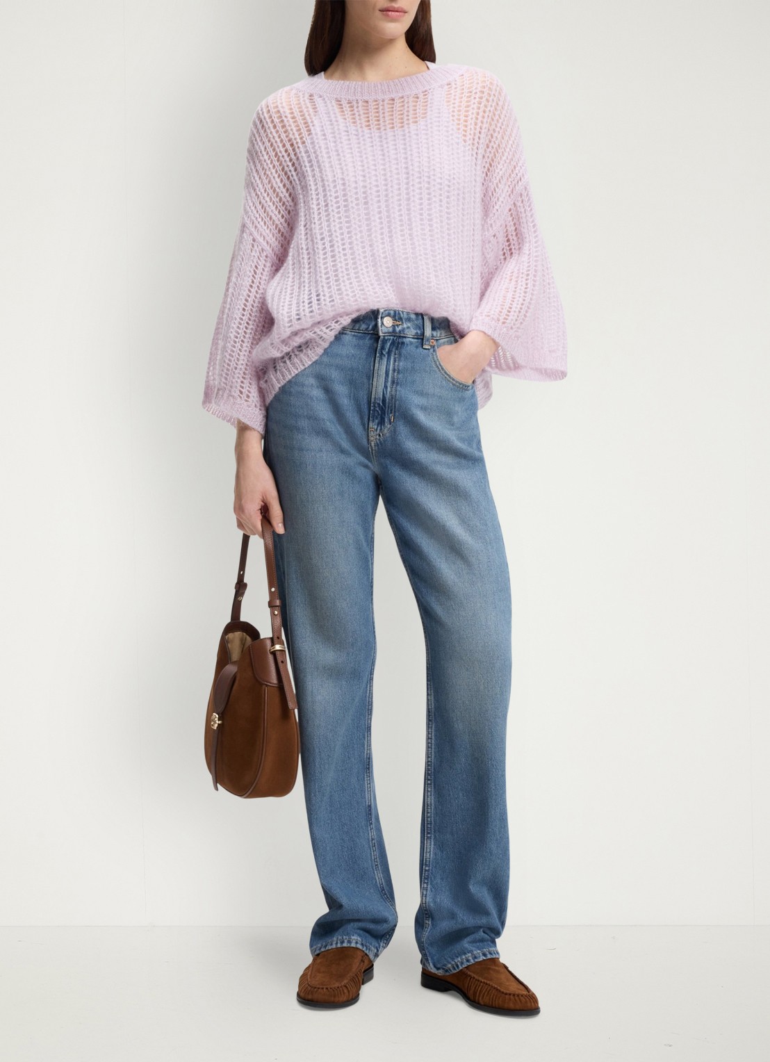 BOSS High waist straight fit jeans met lichte wassing - voorkant 3 denim