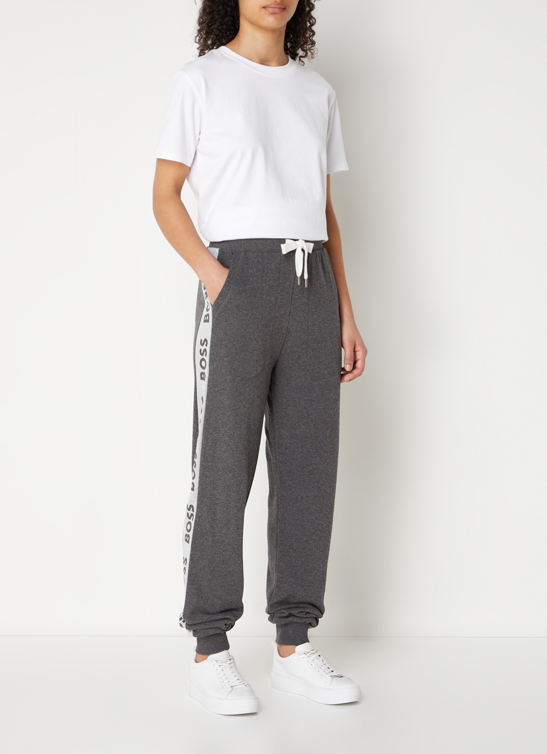 BOSS High waist tapered fit joggingbroek met logoband - voorkant 3 antraciet