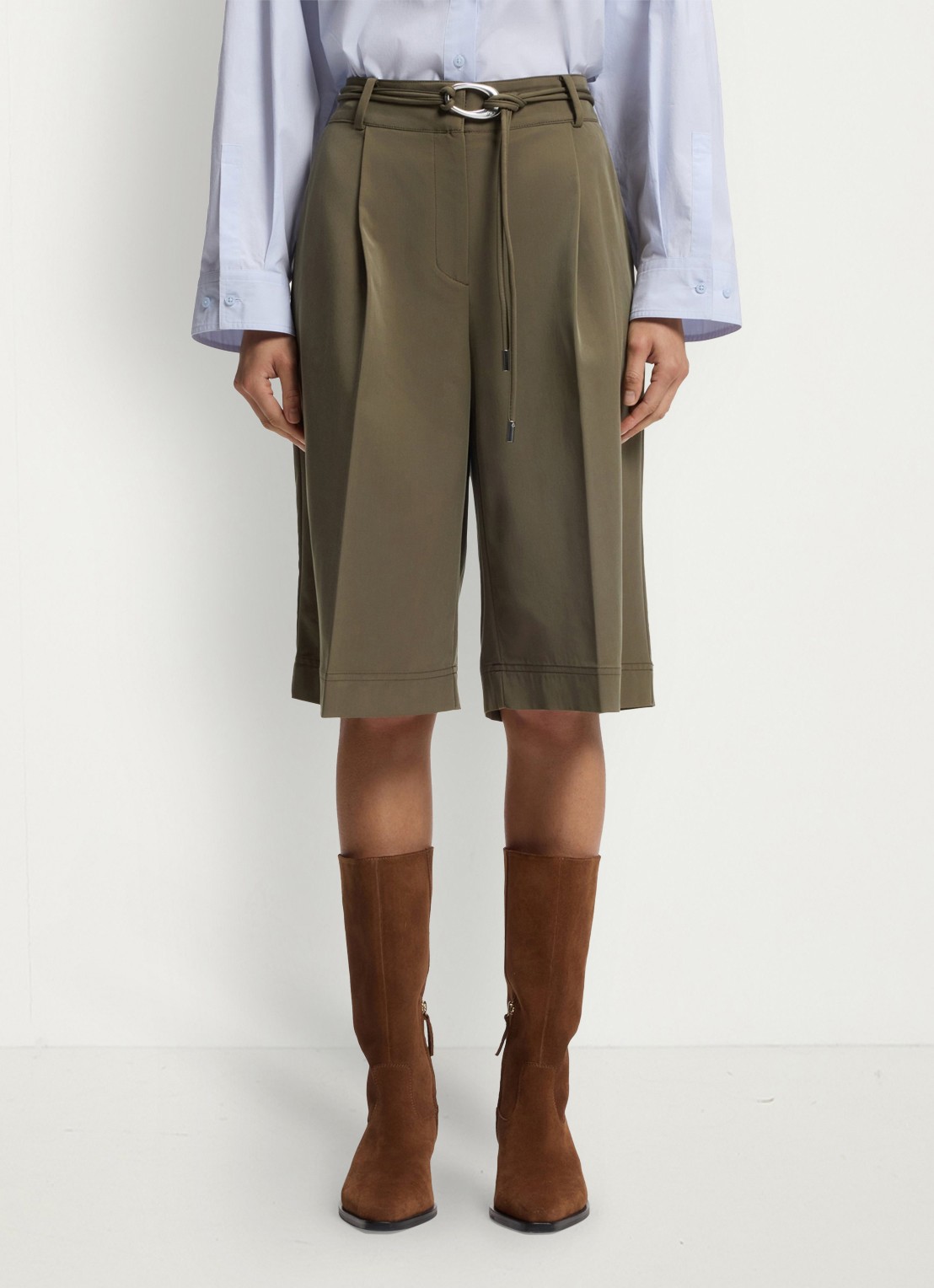 BOSS High waist wide fit korte broek met ceintuur - detail khaki