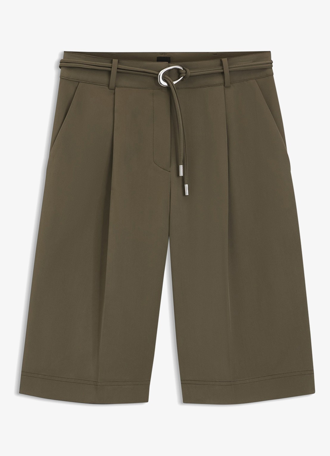 BOSS High waist wide fit korte broek met ceintuur - voorkant 4 khaki