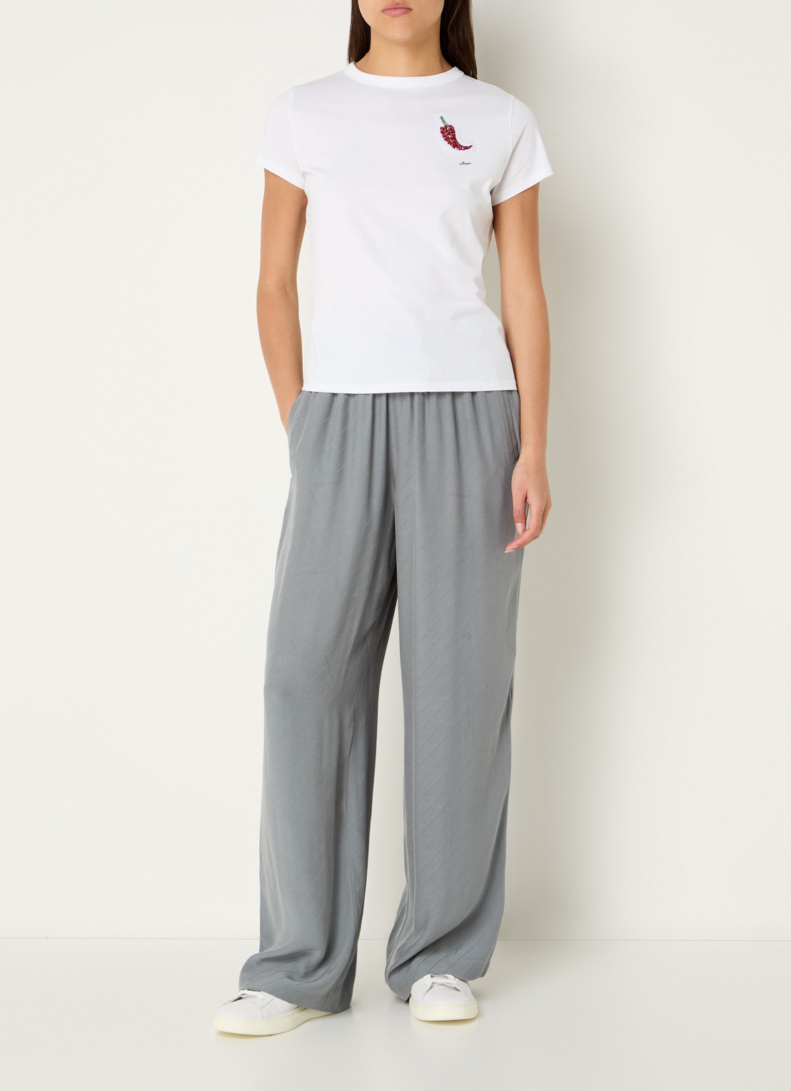 BOSS High waist wide fit pantalon met logoprint - voorkant 4 grijs