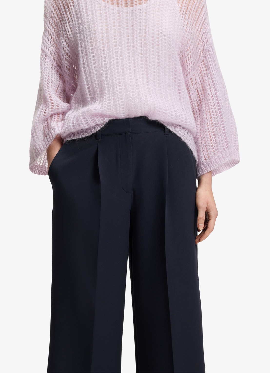 BOSS High waist wide fit pantalon met steekzakken - detail 4 donkerblauw
