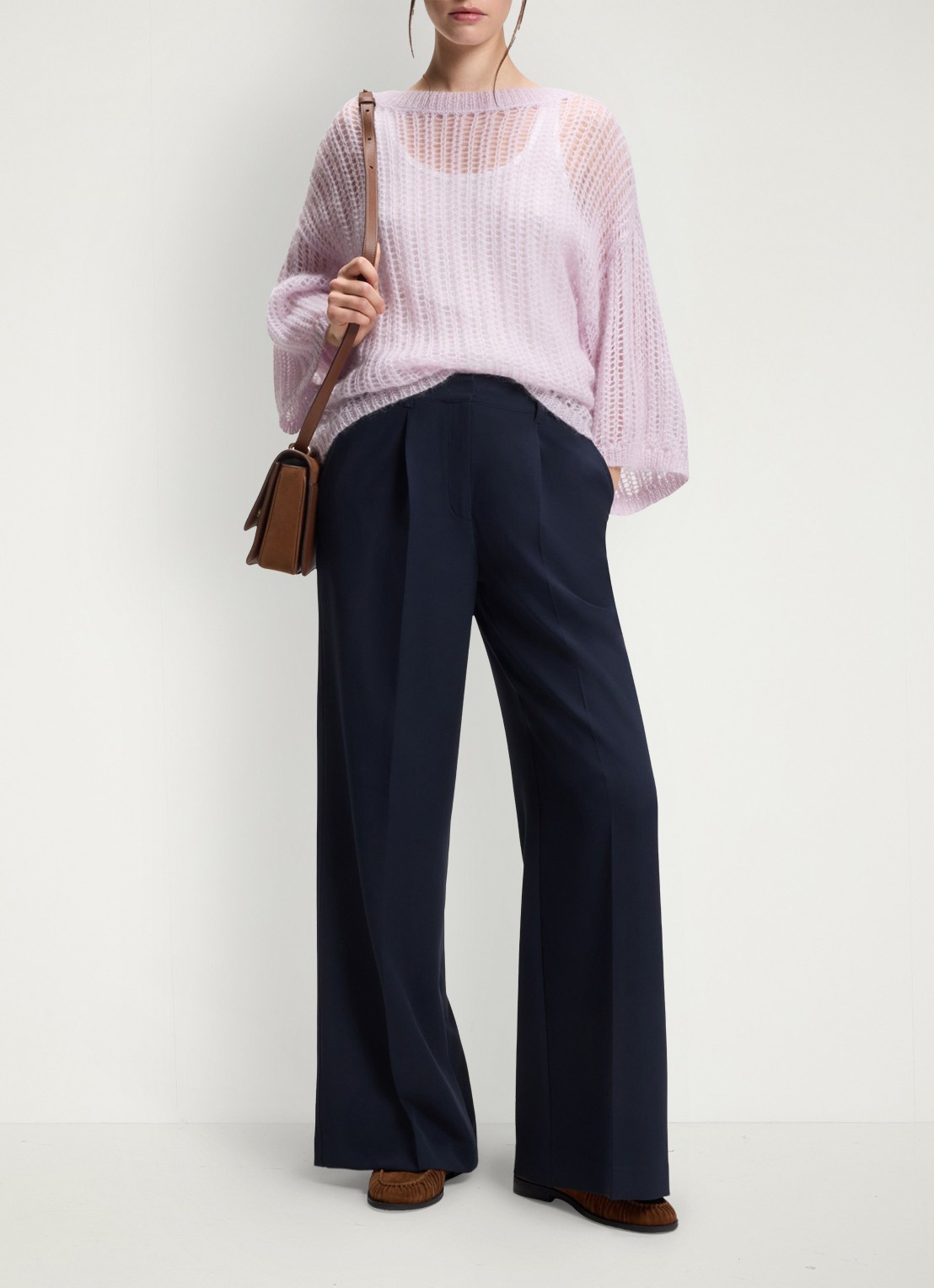 BOSS High waist wide fit pantalon met steekzakken - voorkant 2 donkerblauw