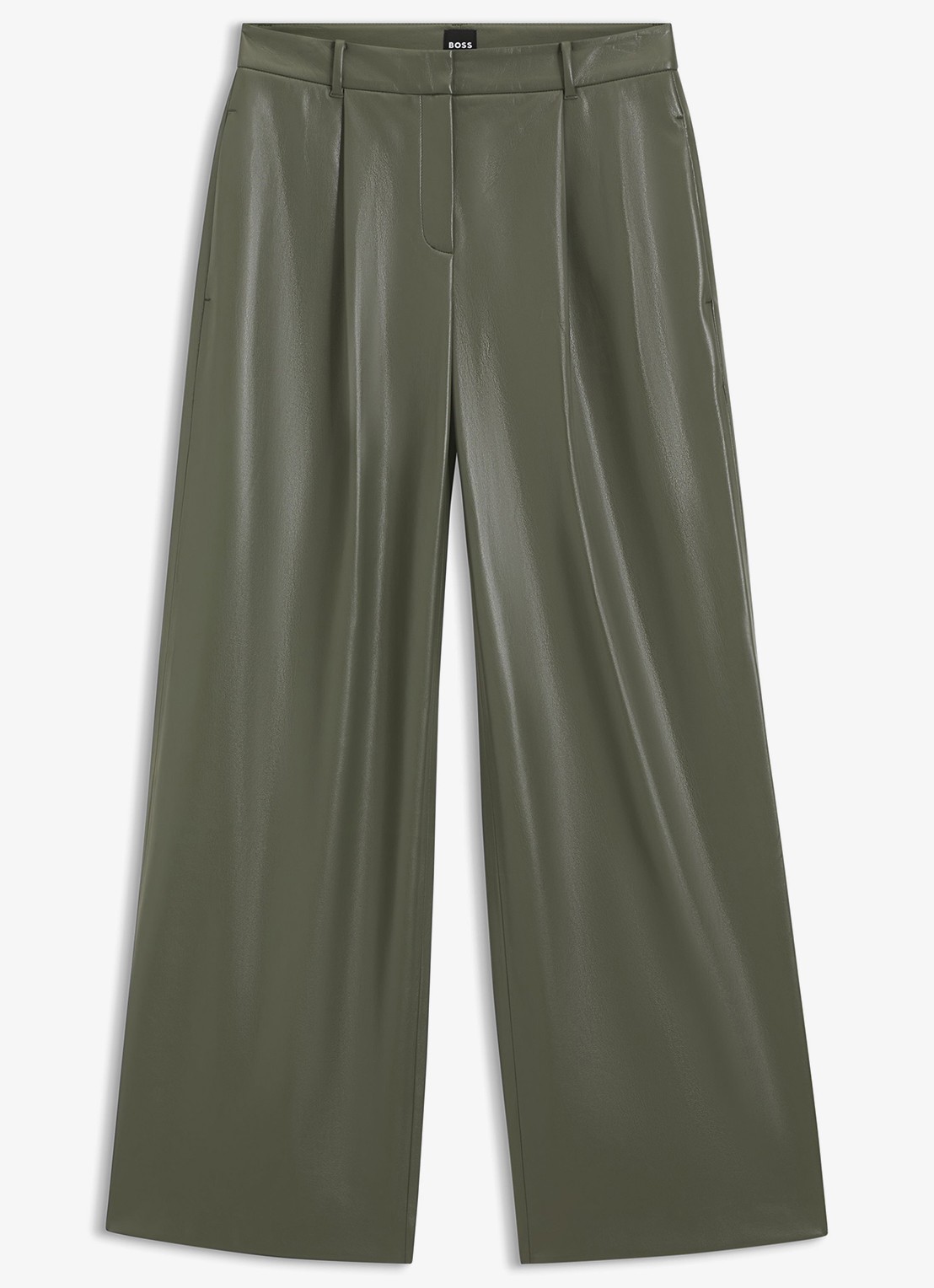 BOSS High waist wide fit pantalon van imitatieleer - voorkant 2 groen
