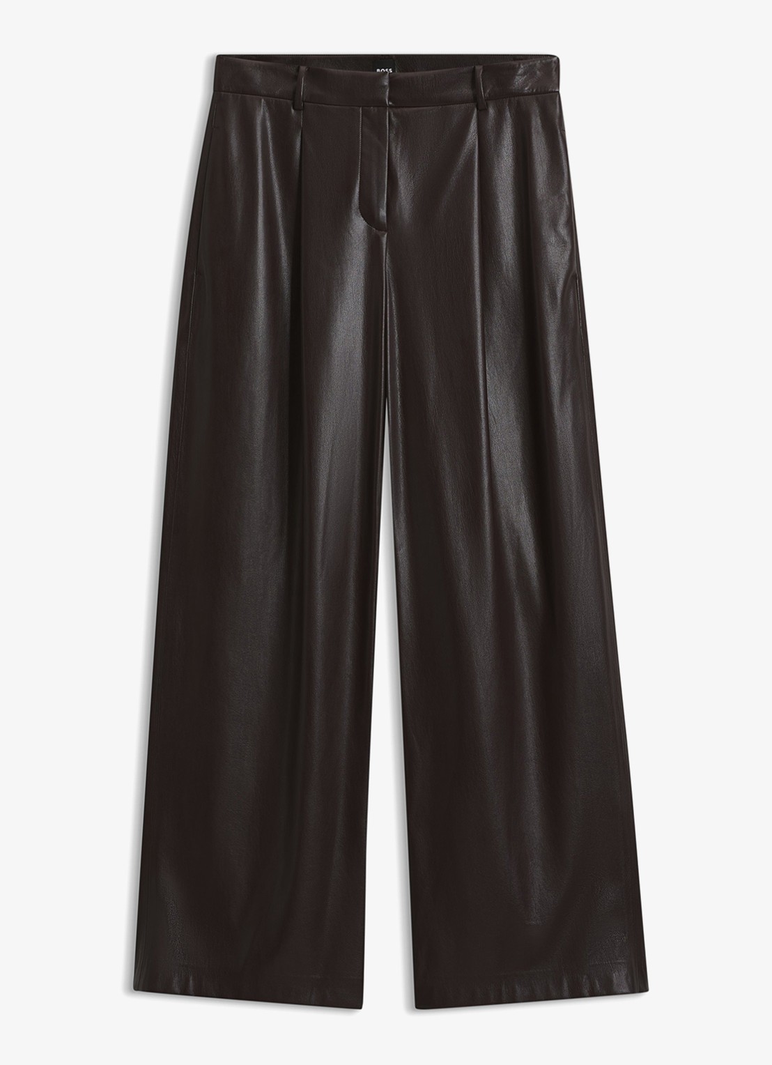 BOSS High waist wide fit pantalon van imitatieleer - voorkant bruin