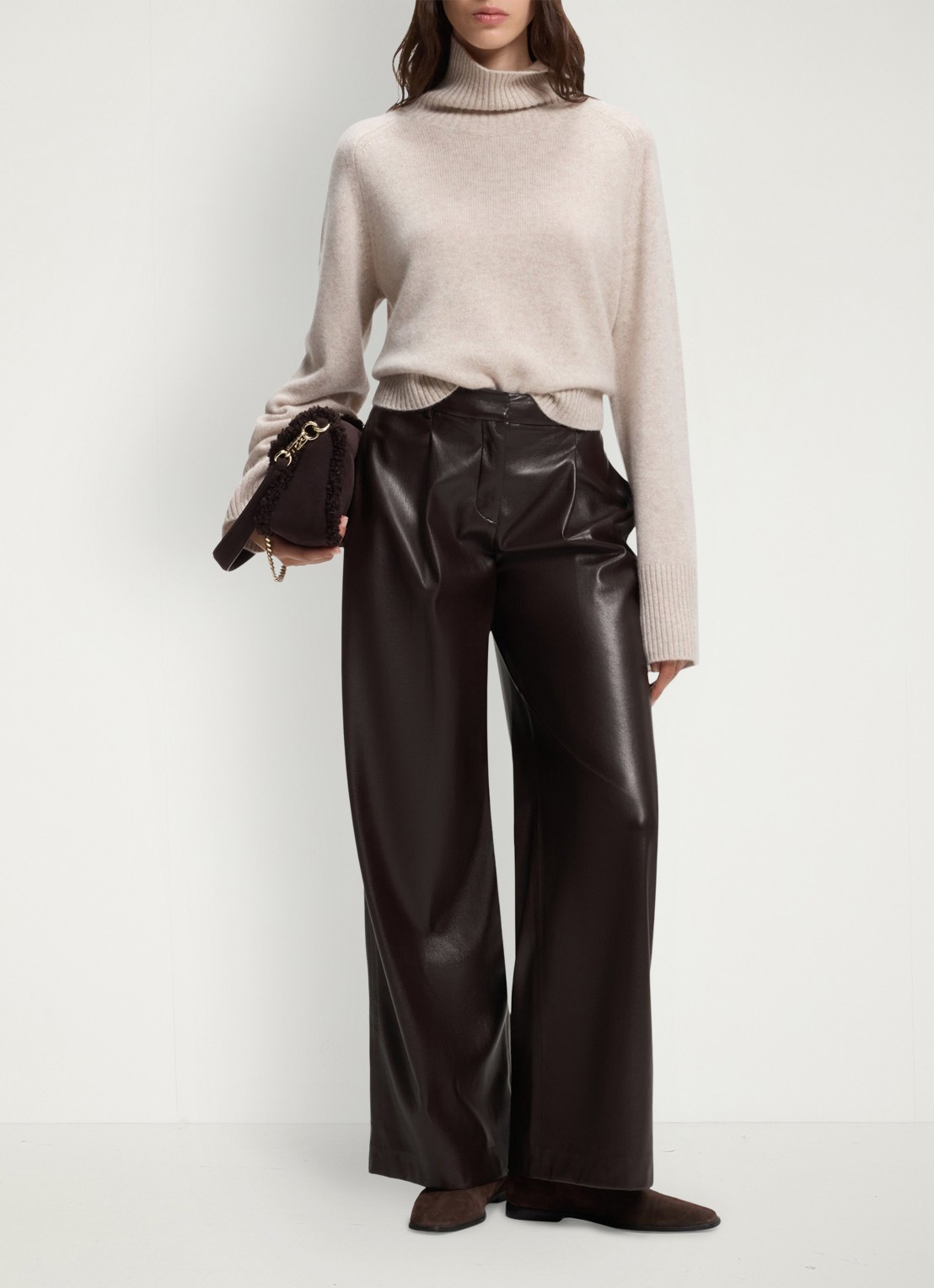 BOSS High waist wide fit pantalon van imitatieleer - voorkant 2 bruin