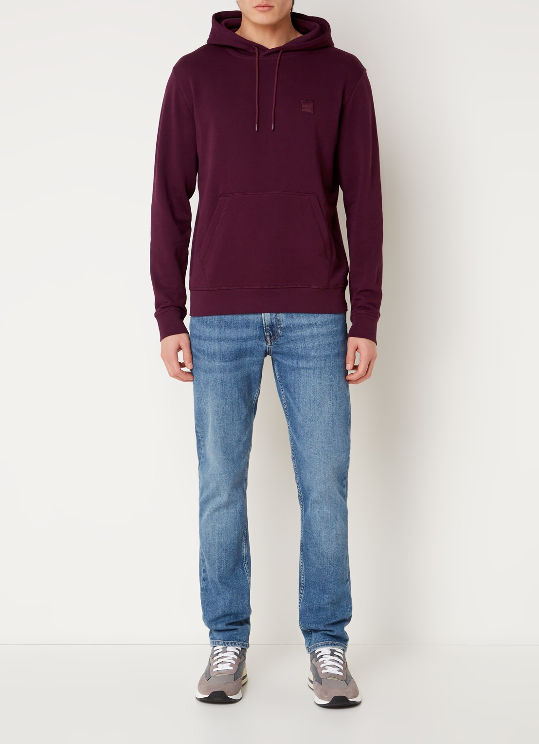 BOSS Hoodie van katoenen sweatstof met logopatch - voorkant 5 aubergine