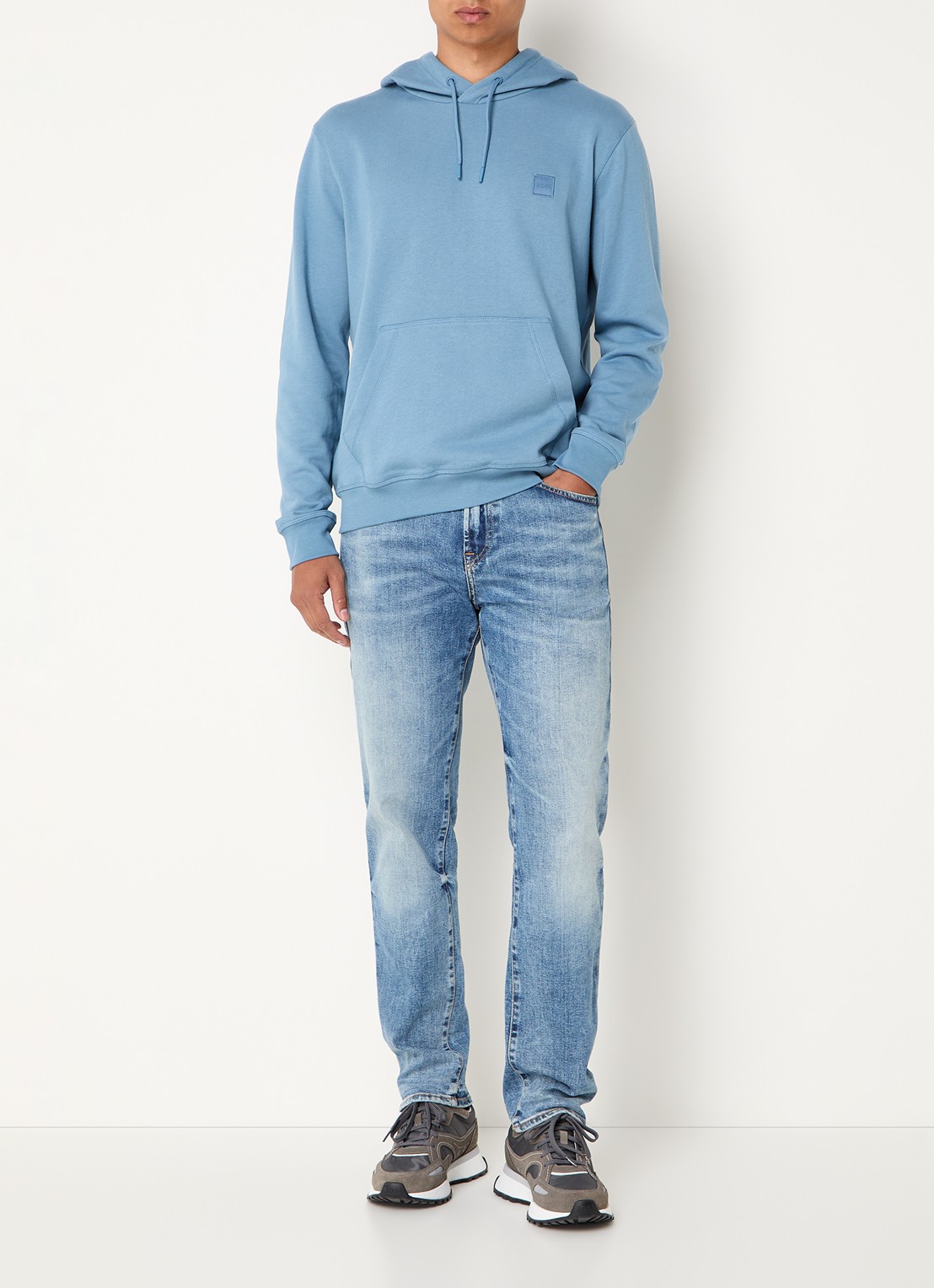 BOSS Hoodie van katoenen sweatstof met logopatch - voorkant 3 staalblauw