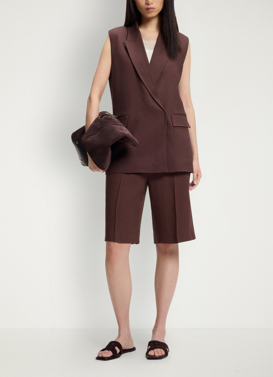 BOSS Jankania gilet in linnenblend - voorkant 2 dark brown-206 / bruin