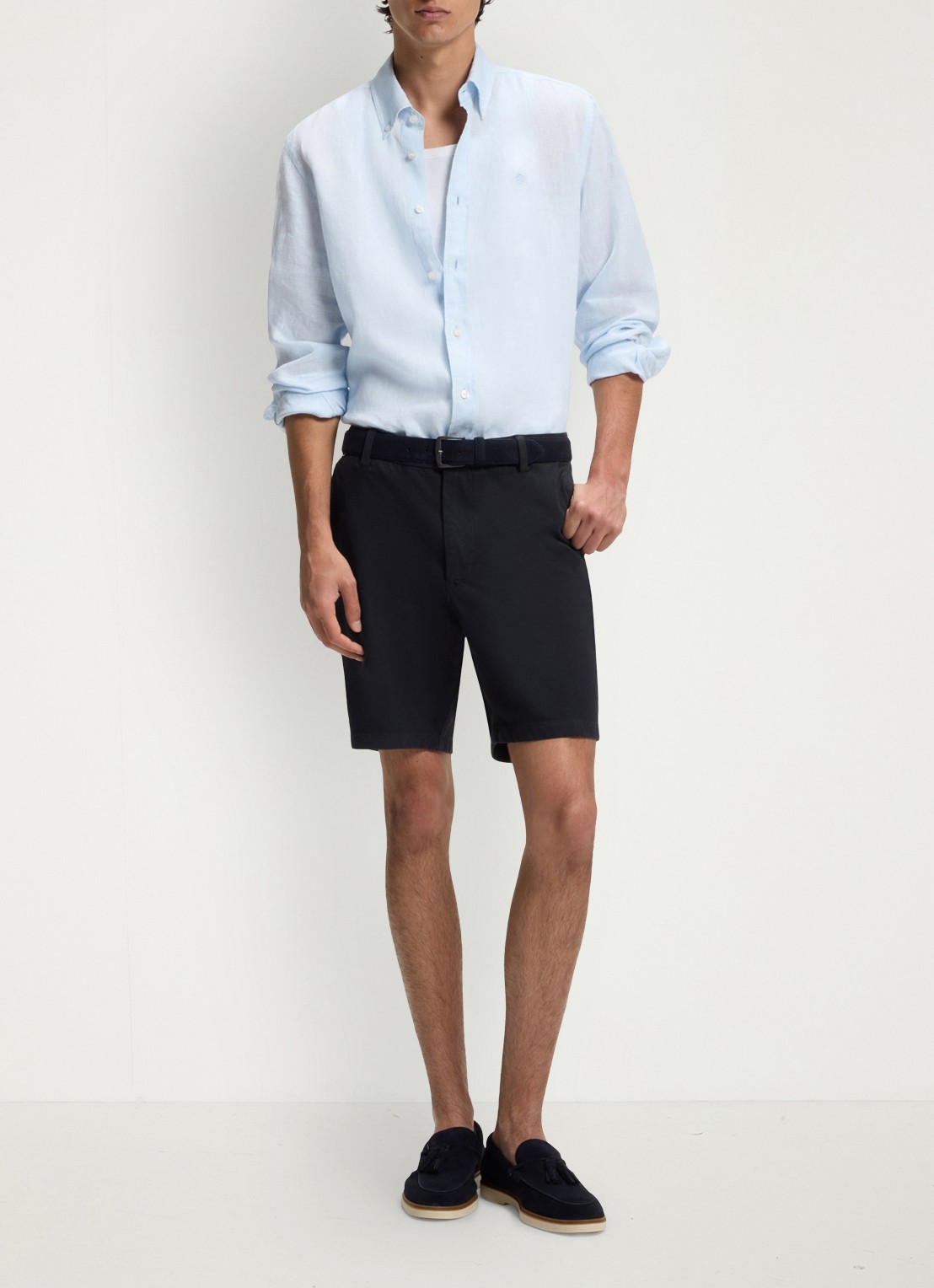 BOSS Korte chino in katoenblend - voorkant 5 donkerblauw