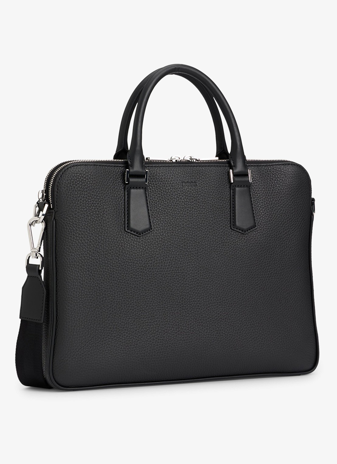 BOSS Laptoptas van leer met afneembare schouderriem - detail 5 zwart