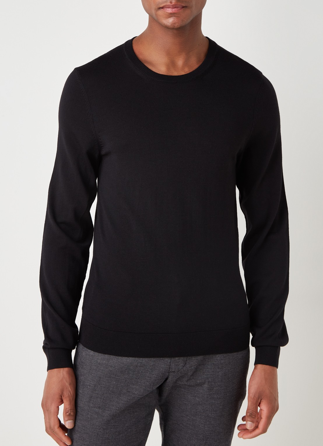 BOSS Leno-P fijngebreide pullover van wol  - detail zwart