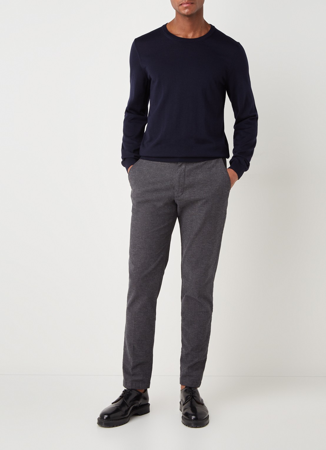 BOSS Leno-P fijngebreide pullover van wol  - voorkant 2 donkerblauw