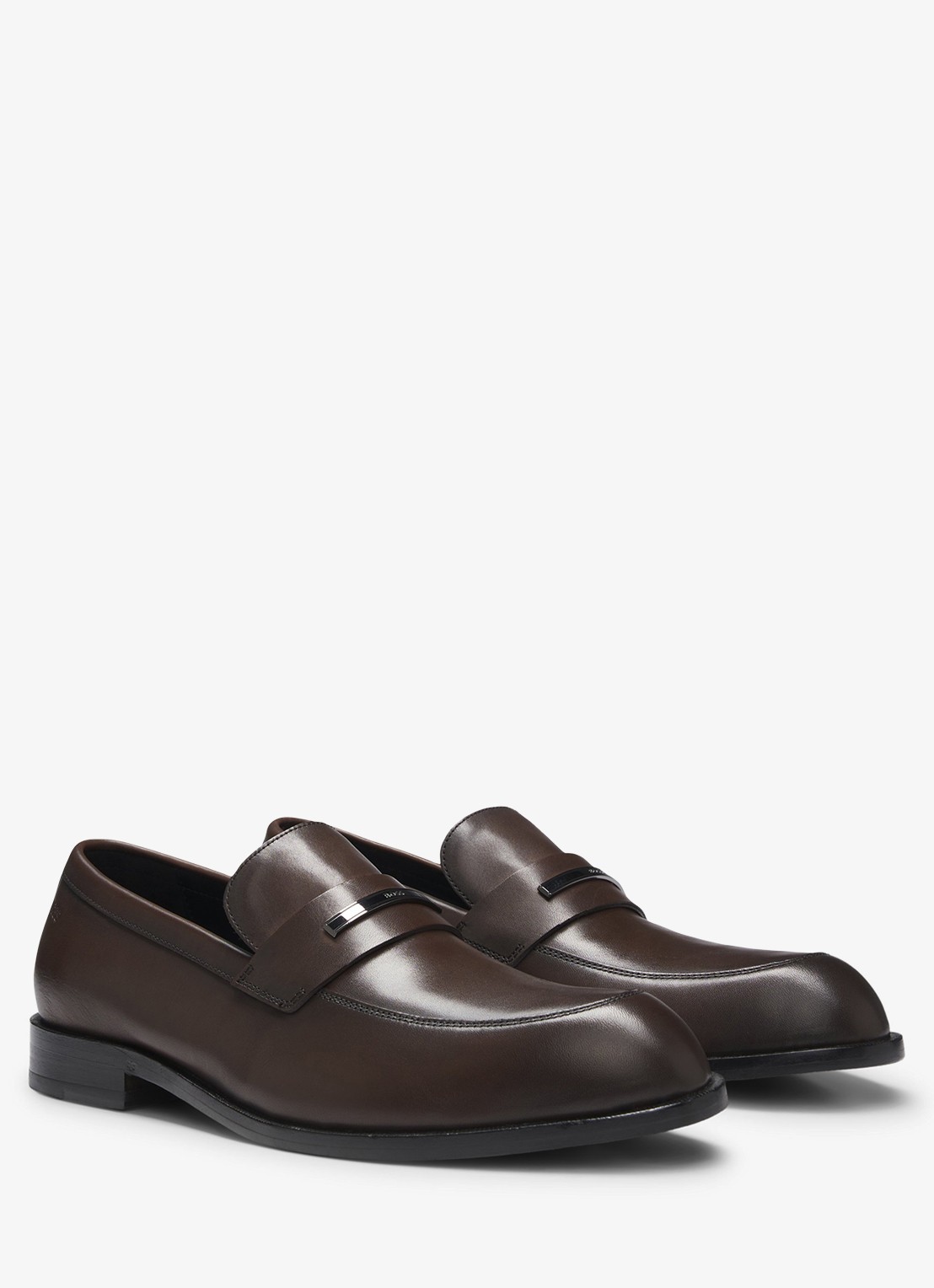 BOSS Loafer van leer met logo - voorkant 4 donkerbruin